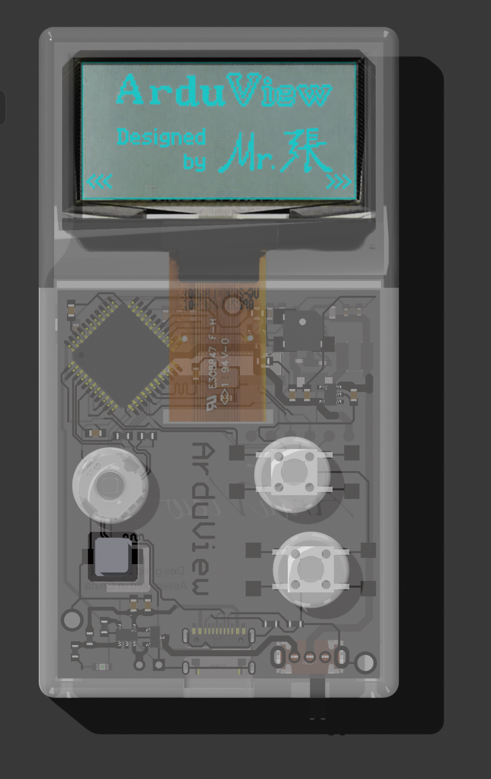 ArduView 正面产品图，透明机身内可见 OLED 显示屏、芯片、电路与按键结构