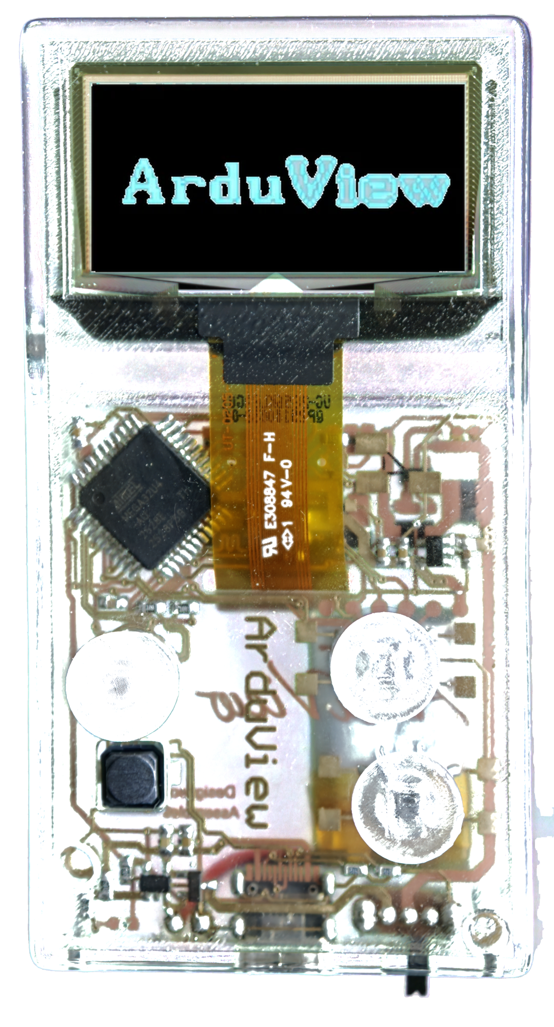 ArduView 全透明竖向游戏机，顶部显示屏下方可见电路、芯片与透明按键